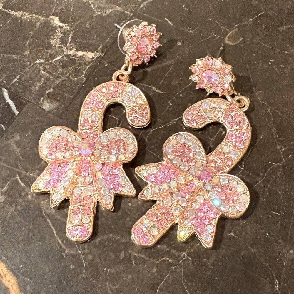 Pink Crystal Candy Cane Earrings